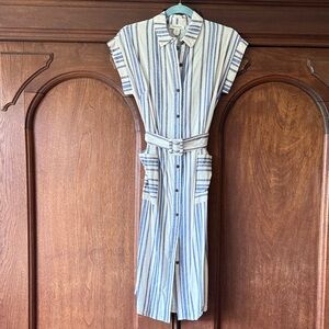 Monteau Blue and White Striped Midi Shirt Dress with Belt